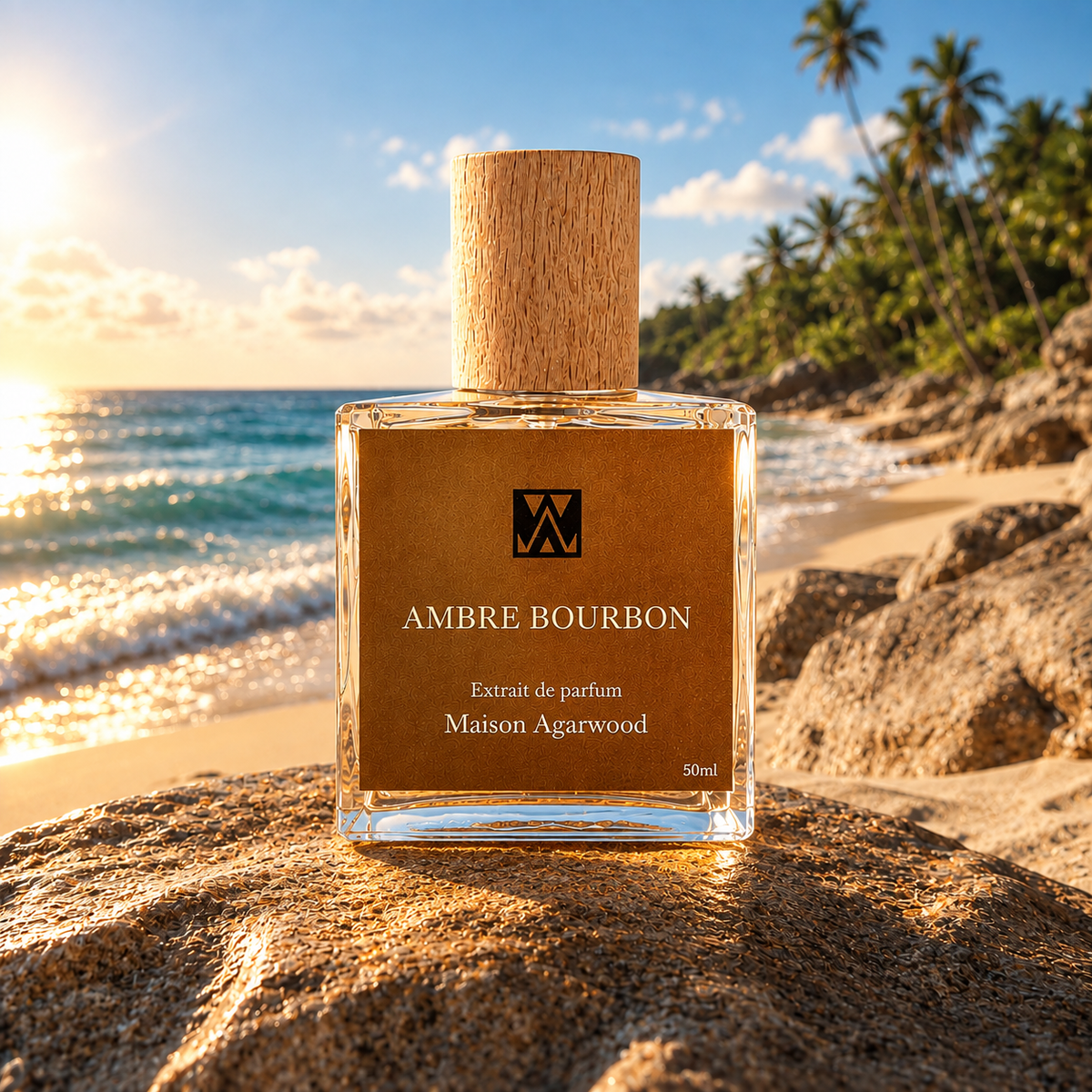 Ambre Bourbon de Maison Agarwood — flacon au bord de l’océan