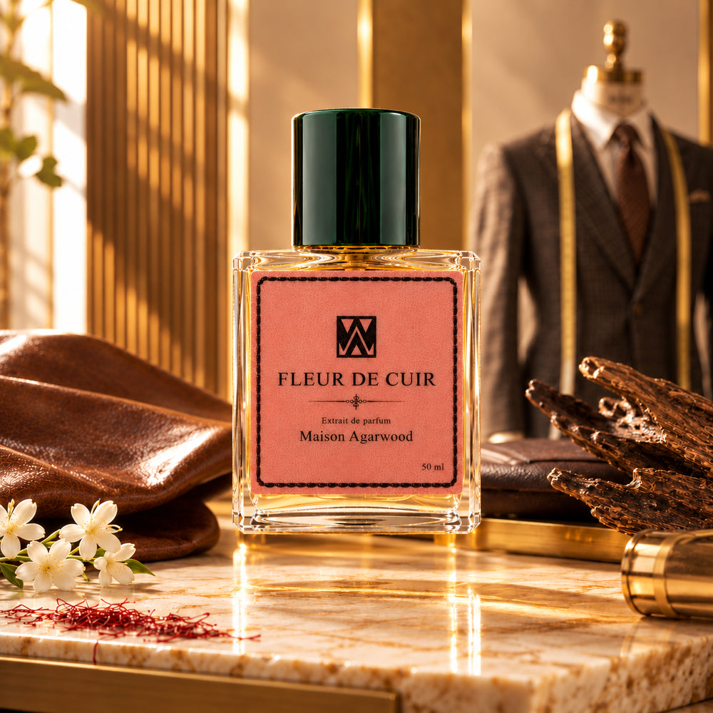 Fleur de Cuir de Maison Agarwood — flacon et décor du parfum